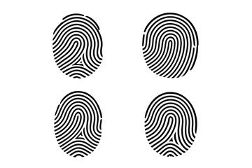Fingerprint icons set. Biometric identification symbols. Vector thumbprint pattern. Security access, personal data control. Forensic science graphic. Crime investigation mark.