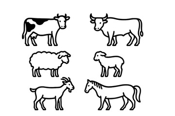Fototapeta premium Farm animals line icon set. Vector pictograms of cow, bull, sheep, lamb, goat, horse. Domestic and livestock thin linear illustration for agriculture and farming concepts.