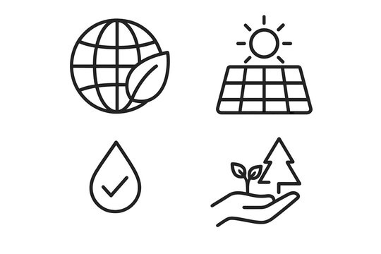 Eco friendly line icon set. Vector pictograms of sustainability, renewable energy, clean water, save earth. Agriculture, climate, forest, nature, solar energy concepts.