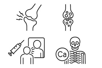 Set of 4 Medical Line Icons Vector Pictograms for Arthritis, Osteoporosis, Pain, Injury, Inflammation, Injection, Diagnosis, Prevention, Healthcare, Calcium Supplement