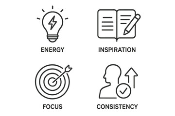 Motivation and Productivity Line Icons Set. Thin Linear Vector Pictograms of Energy, Inspiration, Focus, Target, Consistency, Achievement, Self-Discipline, Arrow, Goal Success