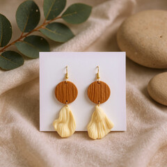 white handmade earring card with eucalyptus leaves and smooth stones backdrop