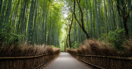 A serene path winds through a dense, towering bamboo forest, sunlight filtering through the verdant stalks, creating a tranquil, natural tunnel