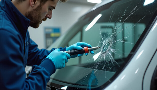 Man repairing cracked windshield in auto workshop