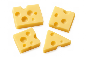 Swiss cheese slices displaying signature holes, arranged on clean transparent surface, highlighting dairy product texture and culinary potential