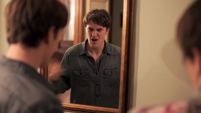 Young man confronting his reflection, capturing self-doubt and inner conflict struggles