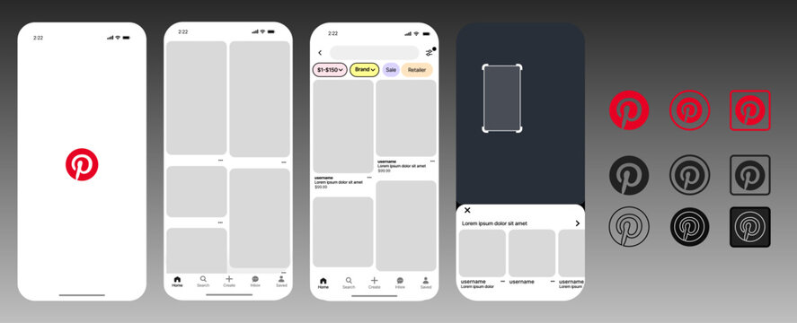  Pinterest mobile UI mockup, Pinterest pin board template, Pinterest post feed design, Pinterest profile app interface, Pinterest social media network layout with Pinterest pins and Pinterest boards.