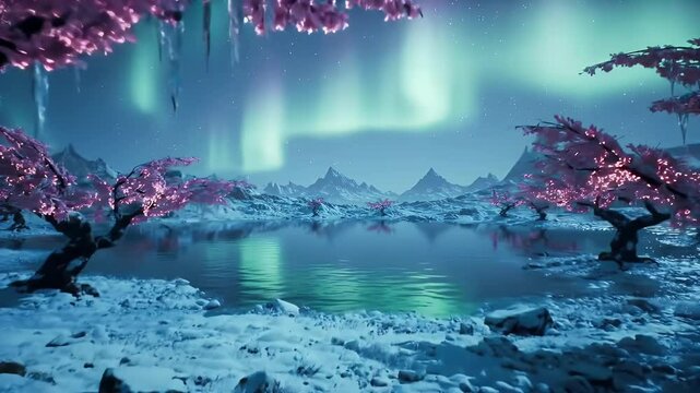 Winter Landscape with Snowy Ground Cherry Blossom Trees and Aurora Sky Reflection