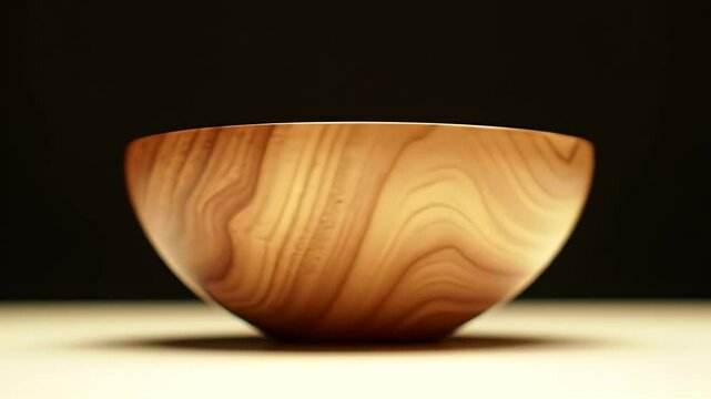 Wooden Bowl with Grain Details on Light Surface Against Dark Backdrop Studio Shot