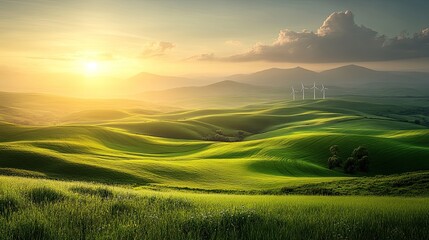 Obraz premium Sunset over Green Rolling Hills.