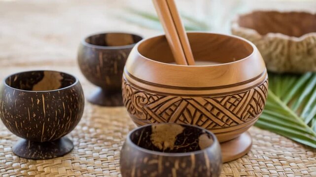 Kava preparation: Wooden bowl with carved designs and coconut shell cups on woven mat