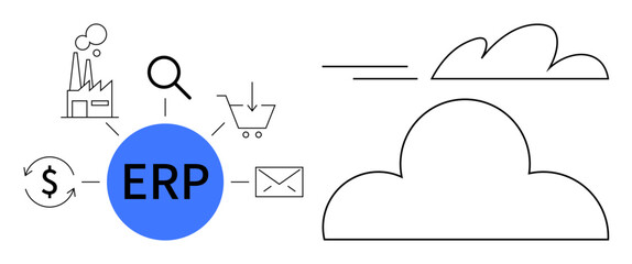 ERP system central hub and icons for manufacturing, shopping cart, email, magnifying glass, cost analysis. Ideal for business optimization, cloud technology, integration, efficiency planning