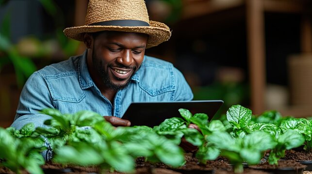 Farmer using tablet with plant nursery.