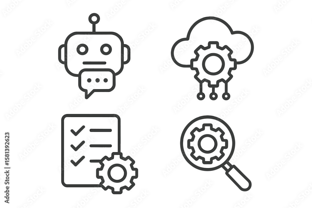 Poster business automation line icon set. vector pictograms of chatbot, ai, cloud computing, process optimi