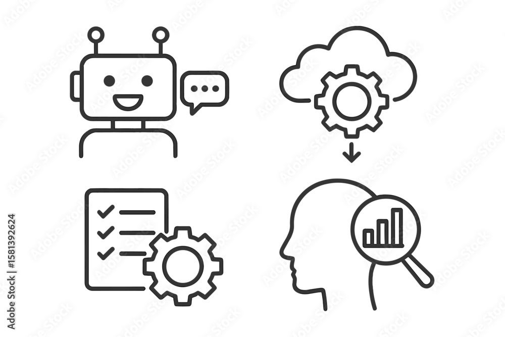 Poster business automation line icon set. vector icons of chatbot, cloud data, process optimization, and an
