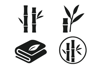 Bamboo plant icon set. Vector glyph pictograms of bamboo stalk, leaf, and fabric. Nature, ecology, and sustainability concept. Black silhouette illustration for eco-friendly logo.