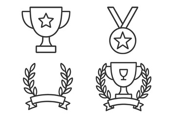 Obraz premium Award and achievement vector line icon set. Pictograms of trophies, medals, and victory symbols. First place winner prize with laurel wreath, star, and banner illustration.