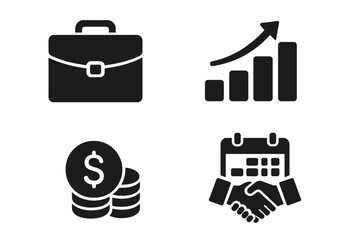 Business and finance icon set of 4 vector glyph pictograms, briefcase, growth chart, money coins, banking, accounting, handshake, calendar, corporate marketing, investment