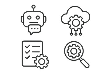Business automation line icon set. Vector pictograms of chatbot, AI, cloud computing, process optimization, digital intelligence, checklist analysis. Thin linear icons.