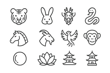 Fototapeta premium Chinese zodiac and cultural symbols line icon set. Vector pictograms of tiger, dragon, snake, horse, goat, phoenix, monkey, pearl, lotus, pagoda. Thin linear art illustration.