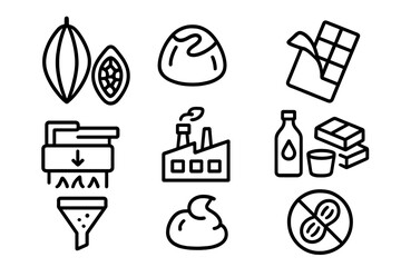 Chocolate production process line icon set. Includes cocoa bean, factory, ingredients, dessert, truffle, and allergy-free symbol. Vector graphic for confectionery industry.