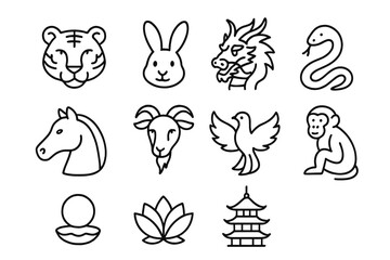 Chinese zodiac animal line icon set. Vector pictograms tiger, rabbit, dragon, snake, horse, goat, phoenix, monkey, pearl, lotus, pagoda. Thin linear Asian culture symbols.