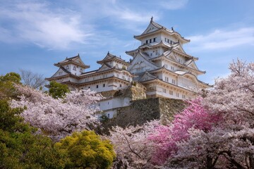Majestic white castle, tiered roofs, surrounded by vibrant pink and white cherry blossoms under a clear blue sky