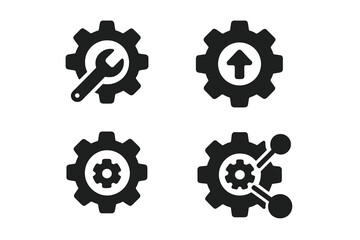 Gear and settings icon set of 4, vector glyph pictograms of cogwheel, wrench, optimization, system update, configuration, maintenance, automation concept, black icons