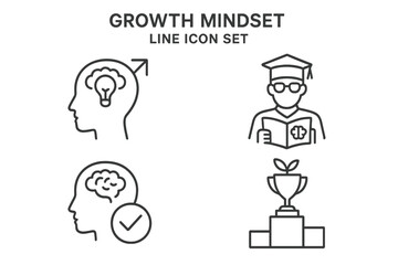 Growth mindset line icon set of 4, vector pictograms of motivation, education, resilience, student learning, reflection, challenge, progress, development, skills