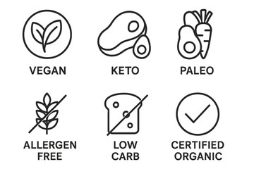 Healthy nutrition and dietary restriction food icons set, thin linear vector illustration, includes vegan, keto, paleo, allergen free, low carb, certified organic labels