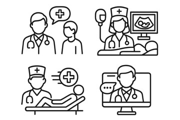 Healthcare professional line icons: doctors, nurses, patients, medical services; consultation, diagnostics, ultrasound, telemedicine. Vector illustration set of 4.