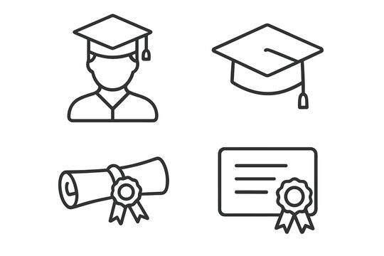 Graduation line icon set of 4, vector pictograms of student, graduate, tassel, scroll, ribbon, diploma, certificate, thin linear illustration, academic achievement