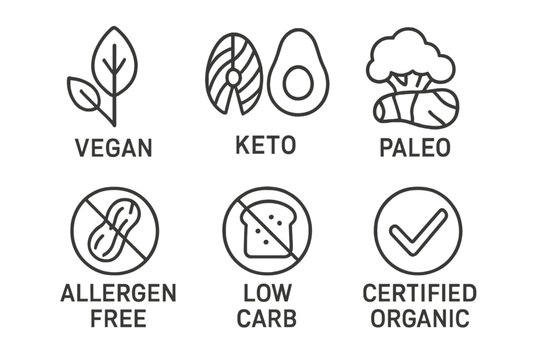 Healthy nutrition and dietary restriction food icons, thin linear vector illustration set with labels: vegan, keto, paleo, allergen free, low carb, certified organic