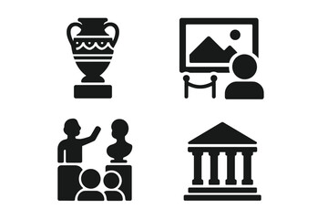 Museum and History Vector Icon Set of 4, Glyph Pictograms of Artifact, Painting, Sculpture Tour, Statue, Ancient Architecture, Heritage, Archaeology, Exhibition, Cultural Heritage