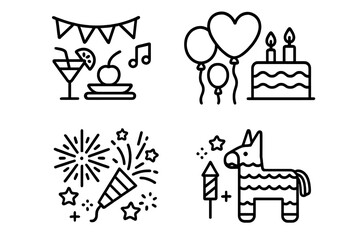 Naklejka premium Party celebration line icon set with decorations, food, drink, music, balloons, birthday cake, fireworks, and piñata. Thin linear vector pictograms for festive events