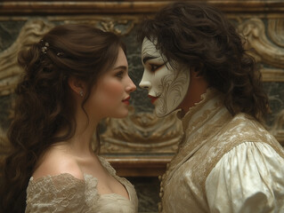Woman and Masked Man Standing Face to Face in Tense Encounter