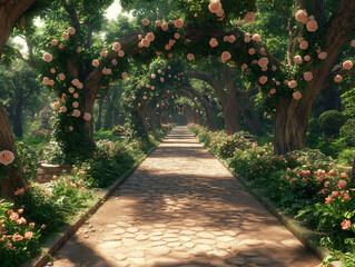Cobblestone Path Beneath Rose-Covered Archway