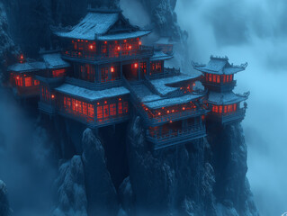 Mountain-Embedded Asian Dojo Overlooking a Deep Ravine
