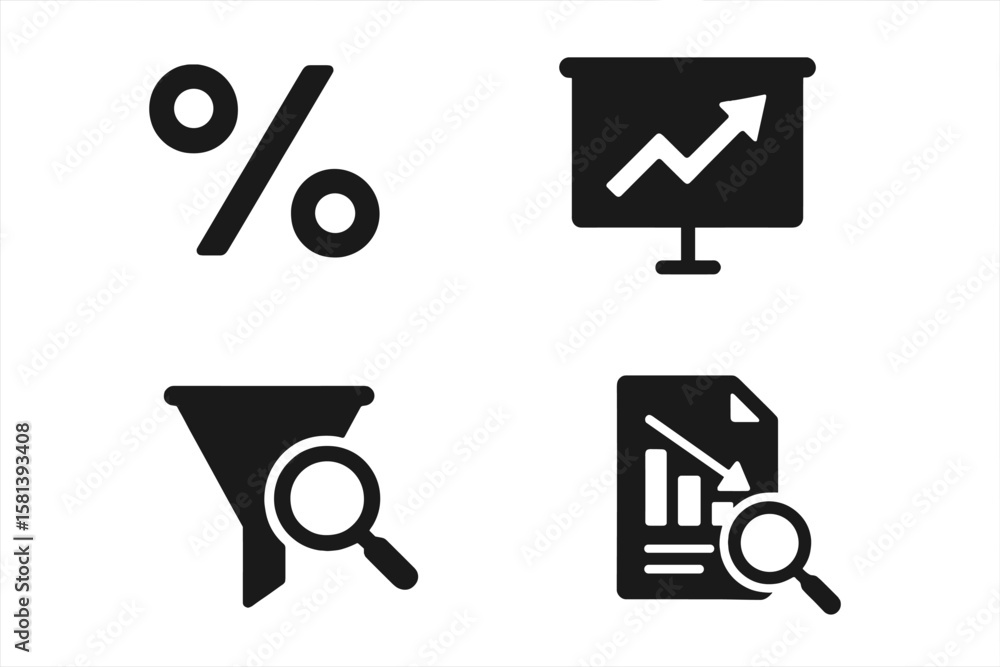 Poster data analytics glyph icon set. business intelligence pictograms. presentation chart with growth arro