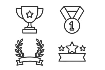 Award line icon set. Champion trophy cup, first place medal, star rating, laurel wreath with ribbon banner. Vector achievement and victory symbols for a contest winner.