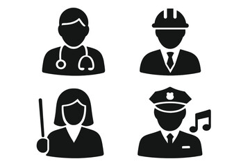 Profession occupation icon set of 4 vector glyph pictograms: doctor, engineer, teacher, musician, police officer, career workforce business black silhouette icons