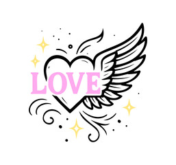 Romantic Winged Heart with Sparkles and Pink Love Typography Design