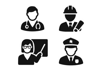 Profession occupation icon set of 4 vector glyph pictograms: doctor, engineer, teacher, police officer, career workforce business black silhouette icons, professional job roles