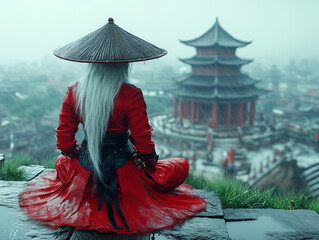White-Haired Warrior Woman on Cliffside Gazing at Distant Asian Temple