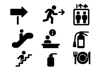 Public space wayfinding glyph icon set, vector pictograms of navigation, emergency, escalator, elevator, stairs, info desk, fire extinguisher, food court, black signs