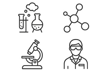 Science and chemistry laboratory line icon collection. Vector pictograms for scientific research, chemical experiments, lab equipment, molecule structure, microscope, scientist.