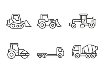 Construction vehicle line icon set. Heavy machinery thin linear symbols. Vector outline pictograms of bulldozer, loader, grader, paver, roller, lowboy hauler, truck.