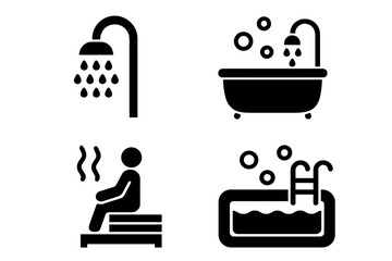 Spa and bath glyph icon set. Vector pictograms of shower, bathtub, sauna, jacuzzi. Wellness, hygiene and relaxation concept. Black silhouette swimming pool symbols.