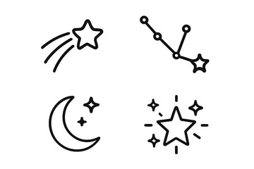 Stars line icon set of 4. Vector pictograms of a shooting star, constellation, moon phase, and sparkling effect. Thin linear celestial illustration for astronomy and astrology.