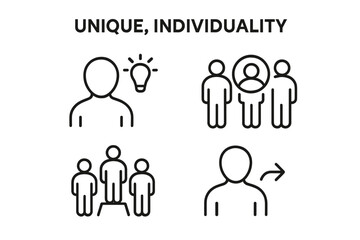 Unique individuality line icon set. Vector pictograms of personal identity, creativity, and distinctiveness. Concepts for self-expression, leadership, and adaptation.